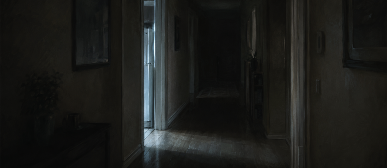 Blurred apartment hallway lit by an open refrigerator at night