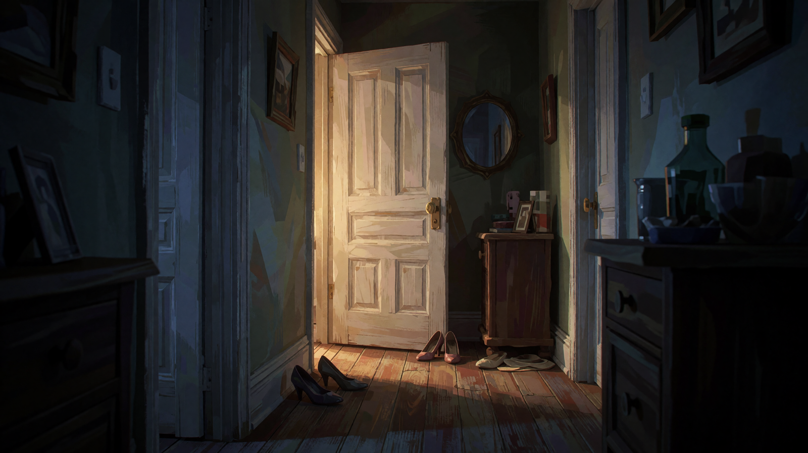 A warm-lit doorway in a dark hallway