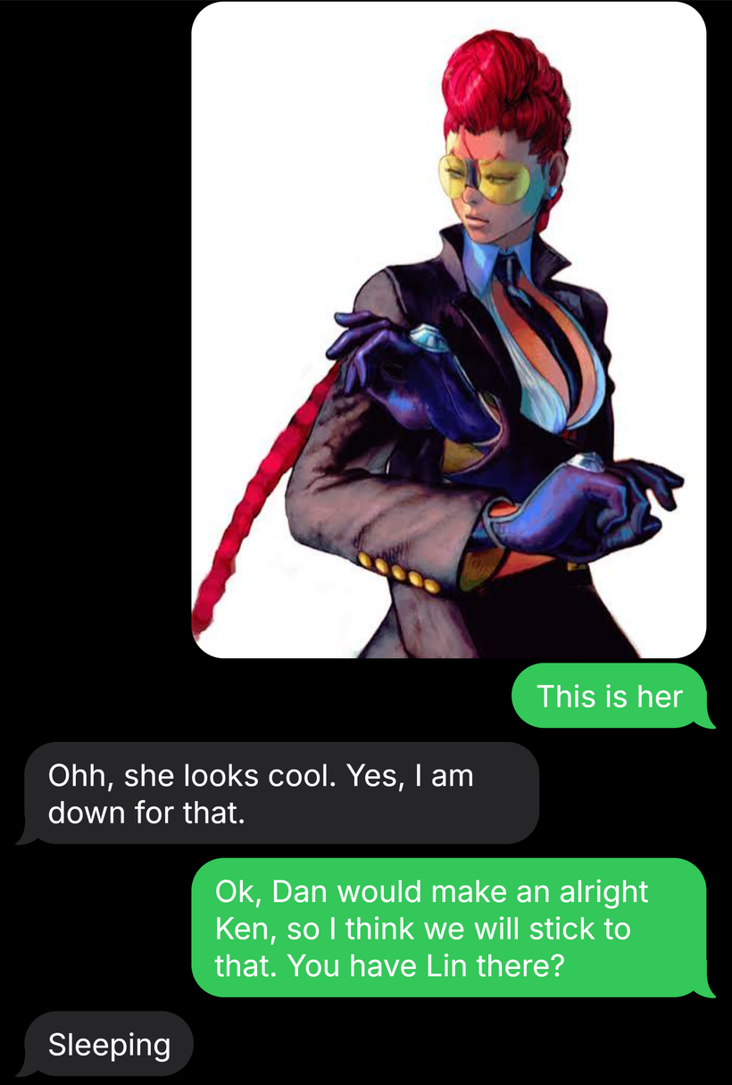 Text messages between Mia and Leah, with a picture of the Street Fighter character C. Viper, part 3 of 9