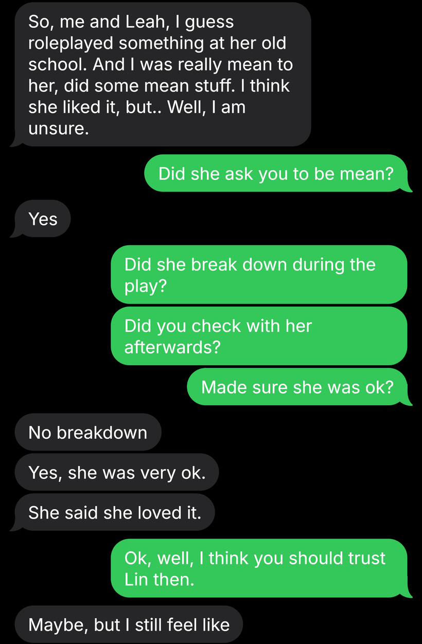 Text messages between Mia and Leah, part 5 of 9