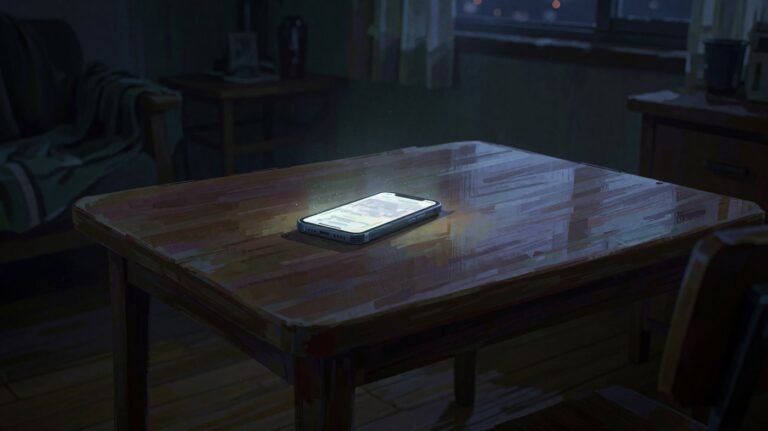 A phone glowing on a wooden table in a dark room