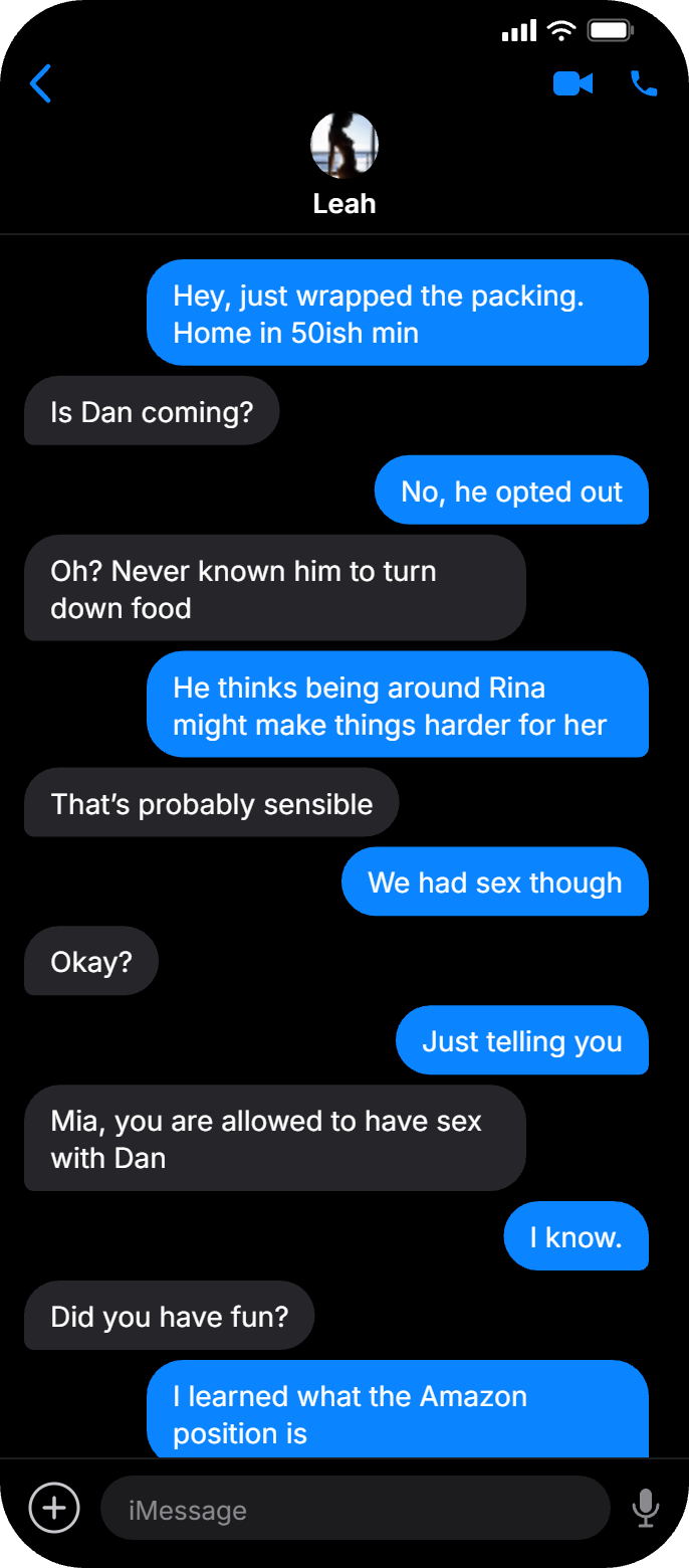 Text messages between Mia and Leah, part 1 of 4