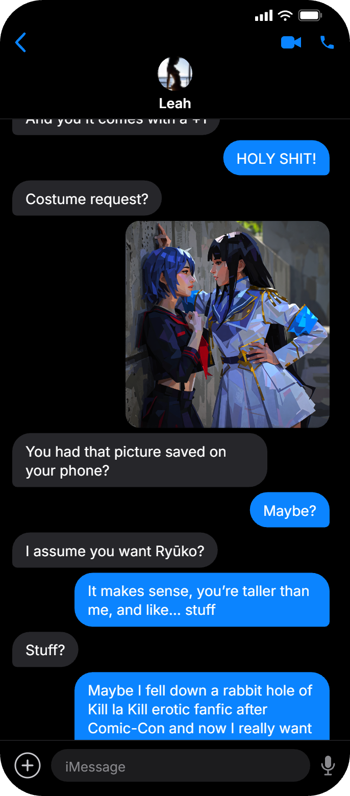 Text messages between Mia and Leah, with a Kill la Kill cosplay photo, part 3 of 4